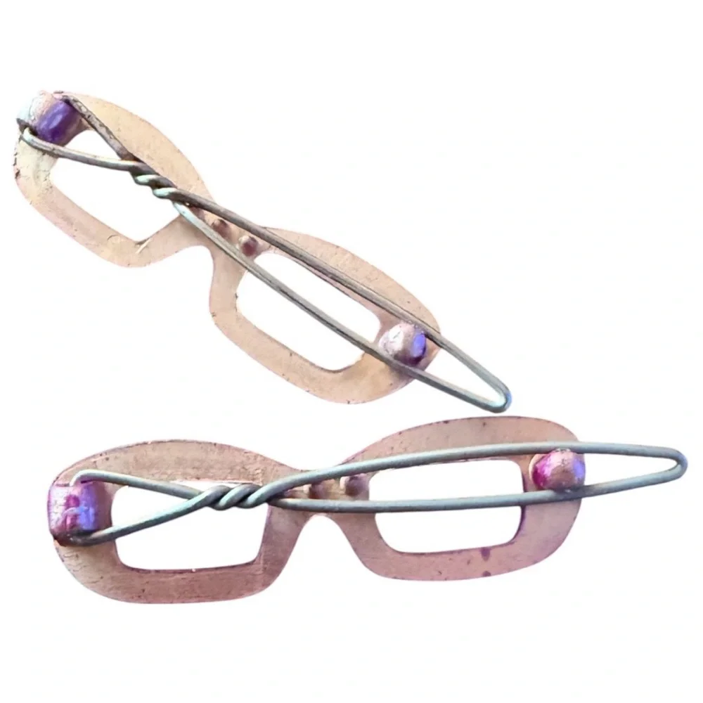 Vintage Cateye Glasses Barrettes Hair Clips, Hand‎ Painted Pink, Deadstock, 2”
